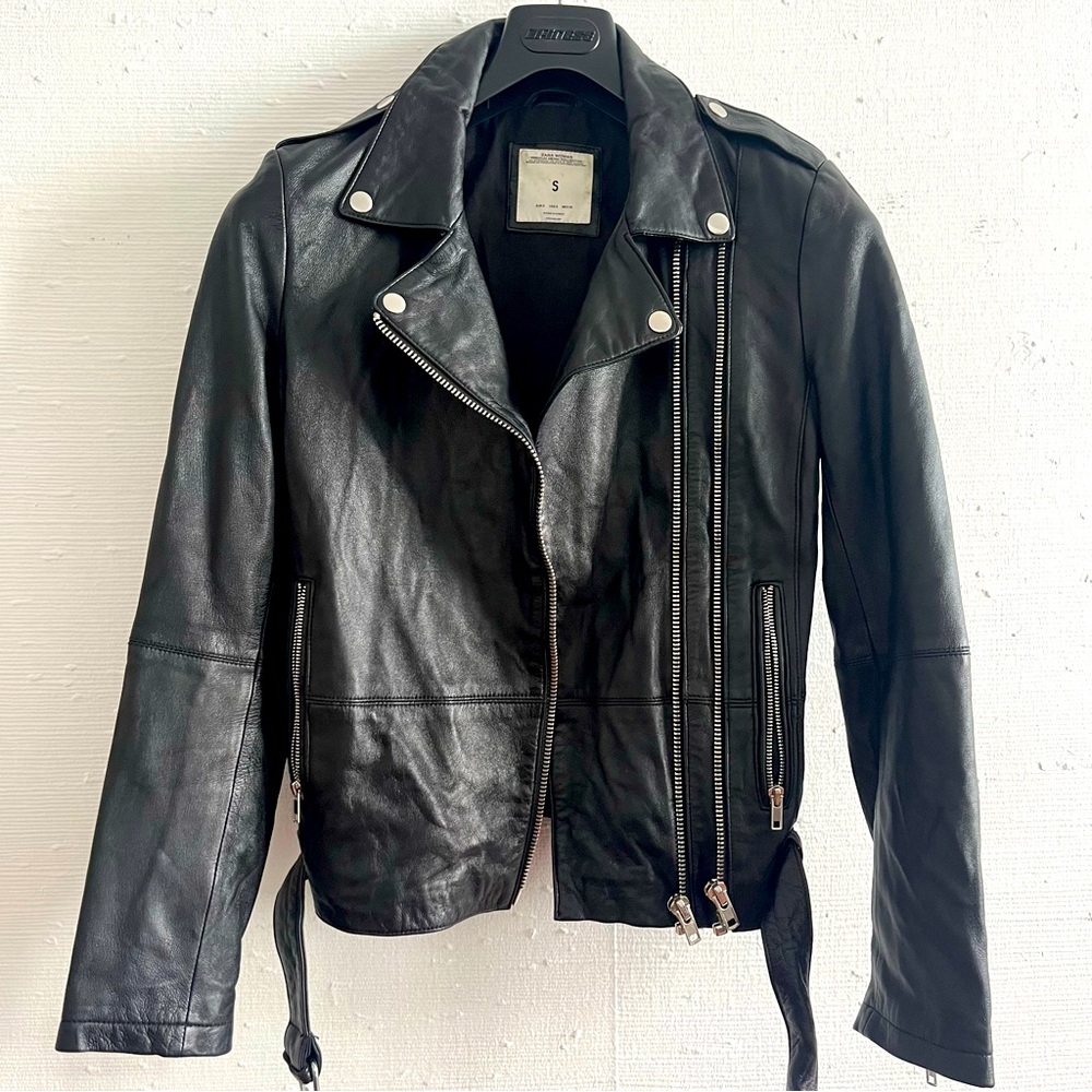 Women’s Zara Real Lambskin Leather Black Punk Biker Jacket Size Small